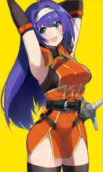 Rule 34 | 1girl, ahoge, armpits, arms up, fire emblem, fire emblem: path of radiance, fire emblem: radiant dawn, fire emblem heroes, green eyes, hairband, highres, kawayu, long hair, looking at viewer, mia (fire emblem), nintendo, open mouth, purple hair, simple background, smile, solo, thighs, yellow background