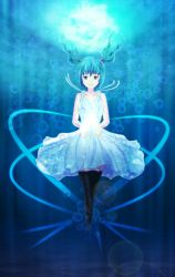 Rule 34 | 1girl, alternate costume, bad id, bad pixiv id, bare arms, bare shoulders, black thighhighs, blue eyes, blue hair, bubble, collarbone, dress, eru (elements olfa), floating, floating hair, hair bobbles, hair ornament, highres, kawashiro nitori, light rays, matching hair/eyes, no headwear, no headwear, short hair, sleeveless, smile, solo, sundress, thighhighs, touhou, twintails, two side up, underwater, wet, wet clothes