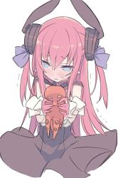 Rule 34 | 10s, 1girl, blade (galaxist), blue eyes, blush, dress, elizabeth bathory (fate), elizabeth bathory (fate/extra ccc), elizabeth bathory (first ascension) (fate), embarrassed, fate/extra, fate/extra ccc, fate/grand order, fate (series), horns, long hair, pink hair, pointy ears, simple background, solo, toy, white background