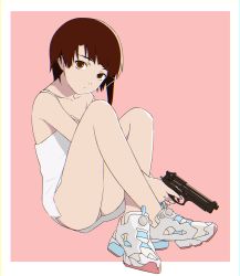 Rule 34 | 1girl, absurdres, artist request, bare legs, bare shoulders, breasts, brown eyes, brown hair, closed mouth, collarbone, dress, flat chest, gun, hair ornament, highres, iwakura lain, looking at viewer, panties, serial experiments lain, shoes, short hair, sitting, small breasts, sneakers, solo, strap slip, tagme, thighs, underwear, weapon, white dress, x hair ornament