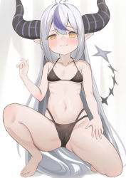 Rule 34 | 1girl, ahoge, bare arms, bare legs, barefoot, bikini, black bikini, blush, breasts, closed mouth, demon horns, full body, grey hair, halterneck, highres, hololive, horns, la+ darknesss, long hair, looking at viewer, multi-strapped bikini, multicolored hair, navel, on one knee, pointy ears, purple hair, small breasts, smile, solo, stomach, streaked hair, string bikini, swimsuit, tail, taro. (tataroro 1), very long hair, virtual youtuber, yellow eyes