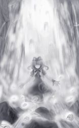 Rule 34 | 1girl, female focus, flx, front ponytail, grey theme, greyscale, hair ribbon, kagiyama hina, long hair, monochrome, no eyes, no mouth, no nose, outstretched arms, ribbon, solo, spread arms, touhou, water, waterfall