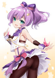 Rule 34 | 1girl, absurdres, ass, azur lane, black pantyhose, bow, cannian dada, detached sleeves, from behind, hair bow, highres, javelin (azur lane), javelin (energetic idol @120% motivation!) (azur lane), looking at viewer, open mouth, pantyhose, ponytail, purple hair, short hair, skirt, smile, solo, standing, teeth, twisted torso, upper teeth only