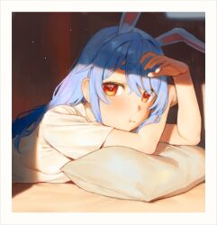 Rule 34 | 1girl, :t, absurdres, animal ears, blush, border, closed mouth, commentary request, extra ears, frikulu, hair between eyes, highres, hololive, long hair, looking at viewer, lying, medium bangs, on stomach, orange eyes, pillow, rabbit ears, rabbit girl, shirt, short eyebrows, short sleeves, solo, thick eyebrows, upper body, usada pekora, virtual youtuber, white border, white shirt