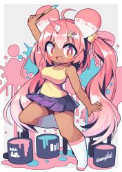Rule 34 | 1girl, :3, :d, animal ears, arm up, bare arms, breasts, cleavage, commentary request, commission, dark-skinned female, dark skin, foot up, full body, hair bobbles, hair ornament, hairclip, highres, holding, holding paintbrush, horns, indie virtual youtuber, large breasts, long hair, looking at viewer, miniskirt, mole, mole above mouth, nanatsuta, no shoes, open mouth, paint can, paintbrush, pink hair, pleated skirt, purple skirt, red eyes, single horn, skeb commission, skirt, smile, socks, solo, standing, standing on one leg, tank top, twintails, very long hair, virtual youtuber, white socks, yellow tank top