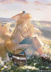 Rule 34 | 1girl, absurdres, animal ear fluff, animal ears, arknights, basket, black footwear, blonde hair, blue skirt, chinese commentary, closed mouth, cloud, commentary, creature, field, flower, fox ears, fox girl, fox tail, frilled hairband, frills, full body, grass, green eyes, green hairband, hairband, hands up, head rest, heixiu, highres, koujuan, long hair, long sleeves, looking at animal, luo xiaohei, mary janes, multiple tails, neck ribbon, official alternate costume, outdoors, red ribbon, ribbon, scrunchie, shirt, shoes, sitting, skirt, sky, socks, solo, suzuran (arknights), suzuran (praise spring) (arknights), suzuran (spring praise) (arknights), tail, luo xiaohei zhanji, twilight, weibo logo, weibo watermark, white flower, white scrunchie, white shirt, white socks