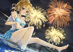 Rule 34 | 1girl, bare shoulders, blonde hair, blush, bra, braid, breasts, brown eyes, chain-link fence, cleavage, earrings, fence, fireworks, highres, hinabita, izumi ibuki, jewelry, kuria (clear trip second), looking at viewer, medium breasts, open clothes, ponytail, pool, sitting, smile, soaking feet, solo, underwear