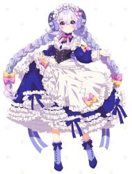 Rule 34 | 1girl, apron, blue dress, blue footwear, blush, boots, bow, braid, closed mouth, commentary request, dress, frilled apron, frilled boots, frilled dress, frilled sleeves, frills, full body, hair between eyes, highres, horns, hoshikage lapis, indie virtual youtuber, long hair, long sleeves, looking at viewer, maid, mamyouda, pink bow, puffy long sleeves, puffy sleeves, purple eyes, purple hair, simple background, sleeves past wrists, smile, solo, standing, star (symbol), striped, striped bow, twin braids, twintails, very long hair, virtual youtuber, white apron, white background, yellow bow
