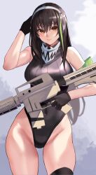 Rule 34 | 1girl, armband, assault rifle, black eyes, black gloves, black hair, black one-piece swimsuit, closed mouth, commentary request, covered navel, cowboy shot, girls&#039; frontline, gloves, green armband, green hair, gun, hand up, highres, holding, holding gun, holding weapon, long hair, m4 carbine, m4a1 (girls&#039; frontline), multicolored hair, one-piece swimsuit, rifle, sawatari kazuma, smile, solo, standing, streaked hair, swimsuit, weapon