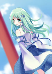 Rule 34 | 1girl, bare shoulders, blue sky, cloud, day, detached sleeves, frog hair ornament, green eyes, green hair, hair ornament, kochiya sanae, long hair, long sleeves, looking at viewer, looking back, matching hair/eyes, meng xiao jiong, shirt, skirt, sky, snake hair ornament, solo, touhou, very long hair, wide sleeves, wind