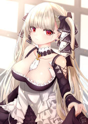 Rule 34 | 1girl, 2021, absurdres, azur lane, bare shoulders, between breasts, breasts, cleavage, clothing cutout, dress, earrings, formidable (azur lane), frilled dress, frills, gothic lolita, hair ribbon, highres, jewelry, large breasts, lolita fashion, long hair, looking at viewer, neckwear between breasts, origo n, platinum blonde hair, red eyes, ribbon, shoulder cutout, signature, skirt hold, solo, twintails, two-tone dress, two-tone ribbon, very long hair