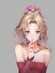 Rule 34 | 1girl, bare shoulders, blonde hair, bracelet, breasts, cape, collarbone, detached sleeves, dress, earrings, final fantasy, final fantasy vi, finger to mouth, grey background, hair ornament, hair ribbon, jewelry, long hair, looking at viewer, medium breasts, parted bangs, parted lips, ponytail, purple eyes, red dress, ribbon, sasanomesi, solo, strapless, strapless dress, tina branford, upper body, yellow cape