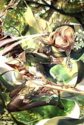 Rule 34 | 1girl, arrow (projectile), black gloves, black thighhighs, blonde hair, boots, bow (weapon), braid, detached sleeves, dress, elf, flower, forest, gloves, glowing, glowing weapon, green dress, green eyes, hair flower, hair ornament, highres, hood, long hair, long sleeves, looking at viewer, nature, official art, original, pointy ears, skade, solo, thigh boots, thighhighs, weapon, zettai ryouiki