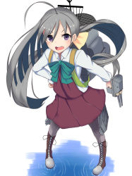 Rule 34 | 10s, 1girl, absurdres, ahoge, alternate eye color, beriko (dotera house), blonde hair, blouse, boots, bow, bowtie, cross-laced footwear, dress, grey hair, gun, hair ribbon, highres, holding, holding gun, holding weapon, kantai collection, kiyoshimo (kancolle), knee boots, lace-up boots, long hair, long sleeves, looking at viewer, low twintails, machinery, open mouth, pantyhose, purple eyes, purple pantyhose, ribbon, school uniform, shirt, skirt, sleeveless, sleeveless dress, solo, teeth, torpedo, twintails, very long hair, weapon, white shirt