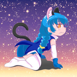 Rule 34 | 1girl, :3, animal ears, blue dress, blue gloves, blue hair, cat ears, cat tail, cure milky, dress, gloves, long hair, looking at viewer, magical girl, mahjong, nekomaru fubuki, orange eyes, precure, smile, solo, star (symbol), star twinkle precure, starry background, strip game, strip mahjong, tail, thighhighs, white thighhighs, yuni (precure)