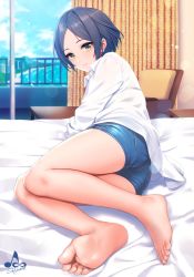 Rule 34 | 1girl, artist name, ass, bare legs, barefoot, blue hair, blue shorts, blurry, blurry background, blush, breasts, chair, closed mouth, collared shirt, commentary request, curtains, day, denim, denim shorts, earrings, feet, hayami kanade, highres, idolmaster, idolmaster cinderella girls, indoors, infinote, jewelry, looking at viewer, medium breasts, on bed, parted bangs, shirt, short hair, short shorts, shorts, smile, soles, solo, stud earrings, table, toes, untucked shirt, white shirt, window, yellow eyes