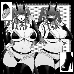 Rule 34 | ;o, abs, absurdres, bikini, blush, breasts, bridal gauntlets, covered mouth, demon girl, hands up, high heels, highres, horns, large breasts, long hair, looking at viewer, mask, monochrome, mouth mask, one eye closed, open mouth, original, pointy ears, swimsuit, thighhighs, thighs, tongue, tongue out, underboob, yones81239278