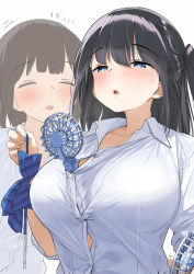 Rule 34 | 2girls, between breasts, black hair, blue bow, blue eyes, blush, bow, bowtie, unworn bowtie, bra, bra peek, breasts, brown hair, buttons, closed eyes, collarbone, commentary request, dress shirt, electric fan, hair between eyes, hand fan, hot, kaisen chuui, large breasts, long hair, long sleeves, multiple girls, open collar, open mouth, original, revision, school uniform, shirt, short hair, side ponytail, simple background, striped, striped bow, sweat, underwear, upper body, white background, white shirt