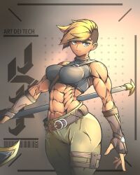 Rule 34 | 1girl, abs, artdeitech, axe, belt, blonde hair, breasts, english text, gloves, highres, large breasts, looking at viewer, muscular, muscular female, original, shaved head, short hair, smile, solo, tank top, thick thighs, thighs, turtleneck, yellow eyes
