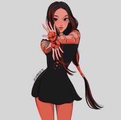 Rule 34 | 1girl, aiym a (aiymxxi ), arms up, artist name, black dress, black hair, blackpink, commentary, cowboy shot, dress, english commentary, flower, grey background, highres, jisoo (blackpink), looking at viewer, low ponytail, multicolored hair, pantyhose, ponytail, red hair, red lips, red pantyhose, short dress, simple background, solo, streaked hair