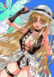 Rule 34 | 1girl, ;d, absurdres, animal ear fluff, animal ears, arknights, arm up, armpits, bare shoulders, black gloves, black one-piece swimsuit, blonde hair, blue sky, breasts, casual one-piece swimsuit, center opening, cleavage, clothes around waist, cowboy shot, day, ears through headwear, elbow gloves, eyebrows hidden by hair, gloves, green eyes, hand on headwear, hat, highres, long hair, looking at viewer, medium breasts, official alternate costume, one-piece swimsuit, one eye closed, open mouth, outdoors, palm tree, parted bangs, partially fingerless gloves, shokikanes, single glove, sky, smile, solo, sun hat, swimsuit, swire (arknights), thigh strap, tiger ears, tree, very long hair, white hat