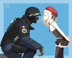 Rule 34 | 1boy, 1girl, absurdres, age difference, arms behind back, assertive female, black gloves, black pantyhose, blue background, closed eyes, crossover, dated, dress, fingerless gloves, frilled dress, frills, from side, girls&#039; frontline, gloves, gun, hat, helmet, hetero, highres, knee pads, mp5 (girls&#039; frontline), necktie, object kiss, pantyhose, pouch, profile, puckered lips, rainbow six siege, red headwear, red neckwear, rook (rainbow six siege), signature, simple background, sitting, size difference, sleeveless, sleeveless dress, vest, weapon, white hair, yonao
