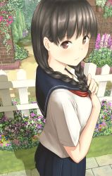 Rule 34 | 1girl, :/, bad id, bad pixiv id, black hair, black skirt, blush, braid, brick wall, cowboy shot, expressionless, eyebrows, fence, flower pot, hair over shoulder, hands on own chest, ivy, long hair, looking at viewer, minagiku, original, plant, pleated skirt, potted plant, red eyes, school uniform, serafuku, shade, shadow, short sleeves, skirt, solo, standing, sunlight, tareme, twin braids, twintails, wall, wooden-fence, wooden fence