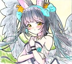 Rule 34 | 1girl, :t, angel wings, animal ear fluff, animal ears, azur lane, bare shoulders, black hair, blue bow, blush, bow, closed mouth, crossed arms, crown, dress, evening gown, feathered wings, flower, fox ears, hair bow, hair ornament, hairband, hand on own arm, hand on own shoulder, hand up, jewelry, long hair, looking at viewer, marker (medium), mini crown, nagato (azur lane), nagato (guardian fox&#039;s procession) (azur lane), necklace, official alternate costume, pout, ribbon, shiminy, solo, strapless, strapless dress, traditional media, twintails, upper body, white dress, white wings, wings, yellow eyes