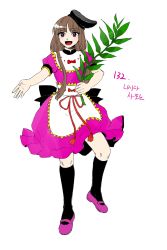 Rule 34 | 1girl, absurdres, apron, back bow, black bow, black hat, black socks, bow, brown hair, commentary request, derivative work, dress, frilled dress, frills, full body, happy, hat, hidden star in four seasons, highres, kneehighs, korean commentary, kuya (hey36253625), looking at viewer, mary janes, myouga (plant), nishida satono, open mouth, puffy short sleeves, puffy sleeves, purple dress, purple eyes, purple footwear, red bow, red ribbon, ribbon, shoes, short hair, short hair with long locks, short sleeves, simple background, socks, tassel, tate eboshi, touhou, translation request, waist apron, white apron, white background