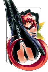 Rule 34 | 1girl, :o, absurdres, ahoge, arms behind head, ass, blush, bodysuit, bou (inubou), breasts, crotch, fortified suit, hair intakes, highres, kagami sumika, large breasts, legs up, long hair, long legs, looking at viewer, muv-luv, official art, pilot suit, ponytail, red eyes, red hair, scan, solo, very long hair