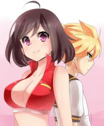 Rule 34 | 1boy, 1girl, ahoge, back-to-back, bad id, bad pixiv id, blonde hair, blue eyes, breasts, brown hair, cleavage, frown, kagamine len, large breasts, meiko (vocaloid), ponytail, purple eyes, red eyes, short hair, smile, sukoyaka (100hituzi), vocaloid