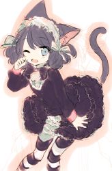 Rule 34 | 1girl, ;d, animal ears, bad id, bad link, bad twitter id, bell, black nails, blue eyes, blush, bow, bowtie, cat ears, cat girl, cat tail, center frills, cyan (show by rock!!), fang, frilled shirt collar, frills, gothic lolita, hairband, hand up, jingle bell, leaning forward, light blush, lolita fashion, lolita hairband, long sleeves, looking at viewer, nail polish, one eye closed, open mouth, outline, pigeon-toed, raised eyebrows, short hair, show by rock!!, sketch, smile, solo, spread fingers, tail, tail raised, unaligned ears