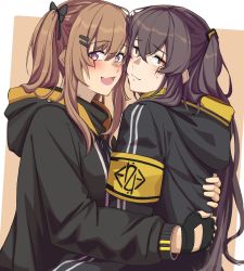 Rule 34 | 2girls, 3 small spiders, absurdres, black gloves, black jacket, blush, bow, brown eyes, brown hair, closed mouth, fingerless gloves, girls&#039; frontline, gloves, hair bow, hair ornament, hairclip, highres, hood, hooded jacket, hug, hug from behind, jacket, long hair, looking at viewer, multiple girls, open mouth, scar, scar across eye, scar on face, side ponytail, simple background, smile, sweatdrop, twintails, ump45 (girls&#039; frontline), ump9 (girls&#039; frontline), upper body