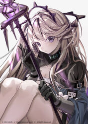 Rule 34 | 1girl, arknights, black gloves, breasts, brown hair, cleavage, commentary, feet out of frame, gloves, glowing, grey background, hair between eyes, holding, holding staff, indigo (arknights), knees up, long hair, long sleeves, looking at viewer, medium breasts, parted lips, purple eyes, shrug (clothing), simple background, sitting, solo, staff, venn (vebonbon), watermark, web address