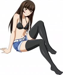 Rule 34 | 00s, 1girl, black bra, black thighhighs, bra, breasts, brown eyes, brown hair, denim, denim shorts, full body, ikkitousen, long hair, looking at viewer, navel, shorts, simple background, small breasts, smile, solo, ten&#039;i (ikkitousen), thighhighs, underwear, white background