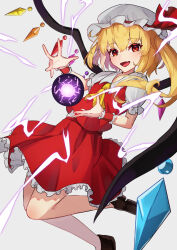 Rule 34 | 1girl, ascot, blonde hair, crystal wings, dress, fang, flandre scarlet, frills, hat, hat ribbon, highres, izanaware game, medium hair, mob cap, open mouth, puffy short sleeves, puffy sleeves, red dress, red ribbon, ribbon, short sleeves, side ponytail, simple background, skin fang, solo, touhou, white background, yellow ascot