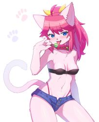 Rule 34 | 1girl, animal ears, blue eyes, blush, breasts, candy, cat ears, cat tail, collar, female focus, food, furry, furry female, highleg, highleg panties, highres, lollipop, looking at viewer, micro shorts, open mouth, original, panties, paw print, pink fur, pink hair, ponytail, shorts, simple background, solo, strapless, tail, tongue, tongue out, tube top, underwear, white background, yamane512