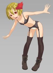Rule 34 | 1girl, bare shoulders, bent over, black bra, black thighhighs, blonde hair, boots, bow, bra, fangs, full body, garter belt, garter straps, grey background, hair bow, hair ornament, kurione (zassou), lingerie, looking at viewer, navel, open mouth, outstretched arms, panties, red eyes, rumia, short hair, simple background, smile, solo, stomach, thighhighs, touhou, underwear, underwear only, white panties