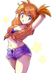 Rule 34 | 1girl, armpits, asymmetrical hair, bare arms, bare shoulders, belt, blush, breasts, cleavage, cowboy shot, creatures (company), crop top, denim, denim shorts, game freak, gen 1 pokemon, green eyes, gym leader, hand up, highres, impossible clothes, impossible shirt, looking at viewer, midriff, misty (pokemon), navel, nintendo, orange hair, orange shirt, pokemon, ponytail, shirt, short hair, short shorts, shorts, side ponytail, simple background, smile, solo, standing, staryu, unzipped, white background