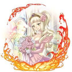 Rule 34 | 1girl, blonde hair, bouquet, breasts, cleavage, dress, euphoria (gate of nightmares), fire, flower, gate of nightmares, green eyes, hair flower, hair ornament, highres, holding, holding bouquet, large breasts, long hair, looking at viewer, mashima hiro, official alternate costume, official art, pink dress, pink flower, pink rose, ponytail, rose, solo, stained glass, tiara, transparent background, upper body, white dress