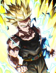 Rule 34 | aura, bare shoulders, black pants, black tank top, blonde hair, clenched hands, commentary request, cowboy shot, dragon ball, dragonball z, electricity, green eyes, highres, jacket, looking at viewer, male focus, muscular, muscular male, pants, scene reference, serious, short hair, spiked hair, super saiyan, super saiyan 2, tank top, tears, tkht 9315, torn clothes, torn jacket, torn tank top, trunks (dragon ball), trunks (future) (dragon ball)