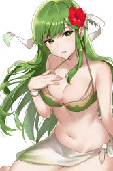 Rule 34 | 1girl, alternate costume, bikini, breasts, cleavage, fire emblem, fire emblem echoes: shadows of valentia, flower, green bikini, green eyes, green hair, hair flower, hair ornament, hand on own chest, haru (nakajou-28), headband, hibiscus, large breasts, long hair, looking at viewer, nintendo, open mouth, palla (fire emblem), red flower, sarong, smile, solo, swimsuit, white background