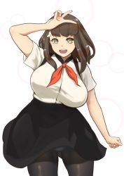 Rule 34 | 10s, 1girl, bird hair ornament, breasts, brown eyes, brown hair, female focus, gatchaman crowds, hair ornament, high-waist skirt, ichinose hajime, large breasts, looking at viewer, nishiumi rin, open mouth, panties, pantyhose, pantyshot, school uniform, shirt, simple background, skirt, smile, solo, standing, taut clothes, taut shirt, underwear, v, white panties