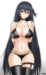Rule 34 | 1girl, absurdres, arms behind back, azur lane, bikini, black bikini, black choker, black hair, black thighhighs, breasts, choker, cleavage, cowboy shot, highres, large breasts, lazier, logo, long hair, multi-strapped bikini bottom, multiple straps, official alternate costume, one side up, race queen, red eyes, simple background, solo, swimsuit, taihou (azur lane), taihou (enraptured companion) (azur lane), thighhighs, white background