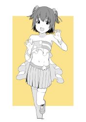 Rule 34 | absurdres, akagi miria, bare shoulders, blush, claw pose, collarbone, commentary request, crop top, flat chest, frills, greyscale, hands up, highres, idolmaster, idolmaster cinderella girls, leg up, looking at viewer, midriff, monochrome, navel, pikapikapop (idolmaster), pleated skirt, shinkun (natsume so), shoes, short hair, short twintails, skirt, smile, star (symbol), thighhighs, twintails, wristband, yellow background, zettai ryouiki