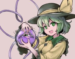 Rule 34 | 1girl, :d, bifidus (exkagerou8665), black hat, bright pupils, commentary request, crying, green eyes, green hair, grey background, hat, hat ribbon, heart, heart of string, highres, komeiji koishi, long sleeves, open mouth, ribbon, short hair, simple background, smile, solo, third eye, touhou, upper body, white pupils, yellow ribbon
