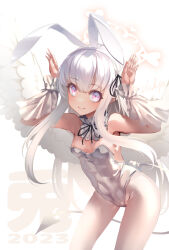 Rule 34 | 1girl, animal ears, bare shoulders, breasts, detached collar, fake animal ears, feathered wings, halo, highres, leotard, long hair, looking at viewer, original, pantyhose, playboy bunny, pointy ears, purple eyes, rabbit ears, small breasts, smile, usuki (graygreed), white hair, white pantyhose, white wings, wings