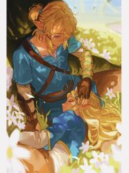 Rule 34 | 1boy, 1girl, belt, blonde hair, blue eyes, blue shirt, blue tunic, border, brown belt, brown gloves, brown pants, champion&#039;s tunic (zelda), closed eyes, closed mouth, doodoopi4, earrings, fingerless gloves, flower, gloves, grass, half updo, hand on another&#039;s head, highres, jewelry, lap pillow, link, long hair, long sleeves, looking at another, looking down, lying, medium hair, nintendo, on side, outdoors, pants, parted lips, pillarboxed, pointy ears, princess zelda, shirt, short sleeves, sidelocks, the legend of zelda, the legend of zelda: breath of the wild, undershirt, white border, white flower, white shirt