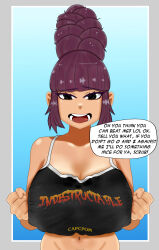 Rule 34 | 1girl, asian, bare shoulders, beehive hairdo, black eyes, blunt bangs, blush, border, borrowed character, breasts, capcom, cleavage, clenched hands, clothes writing, collarbone, command grab, command grab (nuclear wasabi), crop top, crop top overhang, curvy, eddarxart, english text, fighting stance, gradient background, hair bun, hair buns, huge breasts, insult, insulting viewer, large breasts, latina girl, looking at viewer, midriff, midriff peek, navel, nose blush, nuclear wasabi, offscreen person, open mouth, parody, pov, pubic hair, pubic hair peek, purple hair, short hair with long locks, sidelocks, simple background, smug, smug smile, solo, sparkling eyes, speech bubble, standing, talking, tan, teasing, teeth, tsurime, updo, upper body, wide hips, writing