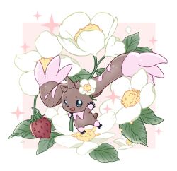 Rule 34 | animal ears, black eyes, brown footwear, commentary request, digimon, digimon (creature), flower, highres, holding, holding flower, horns, lop rabbit ears, lopmon, oversized flower, rabbit ears, smile, solo, sparkle, tail, white background, yagi kiki